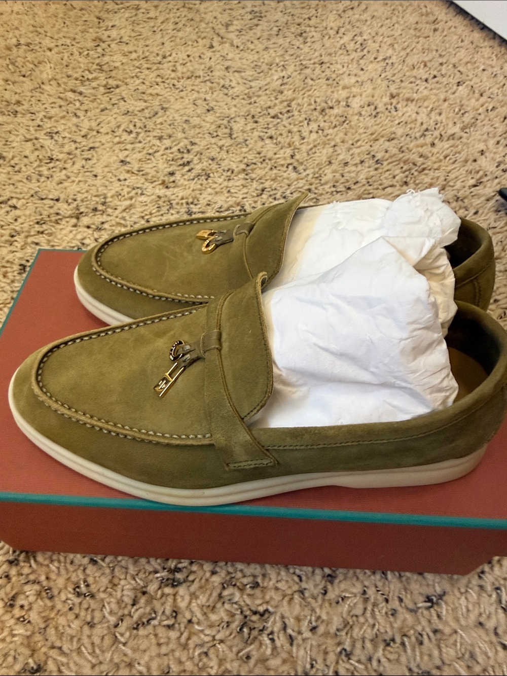 Loro Piana Olive Suede Slip-On Loafers with Decorative Hardware - Picture 4 of 10